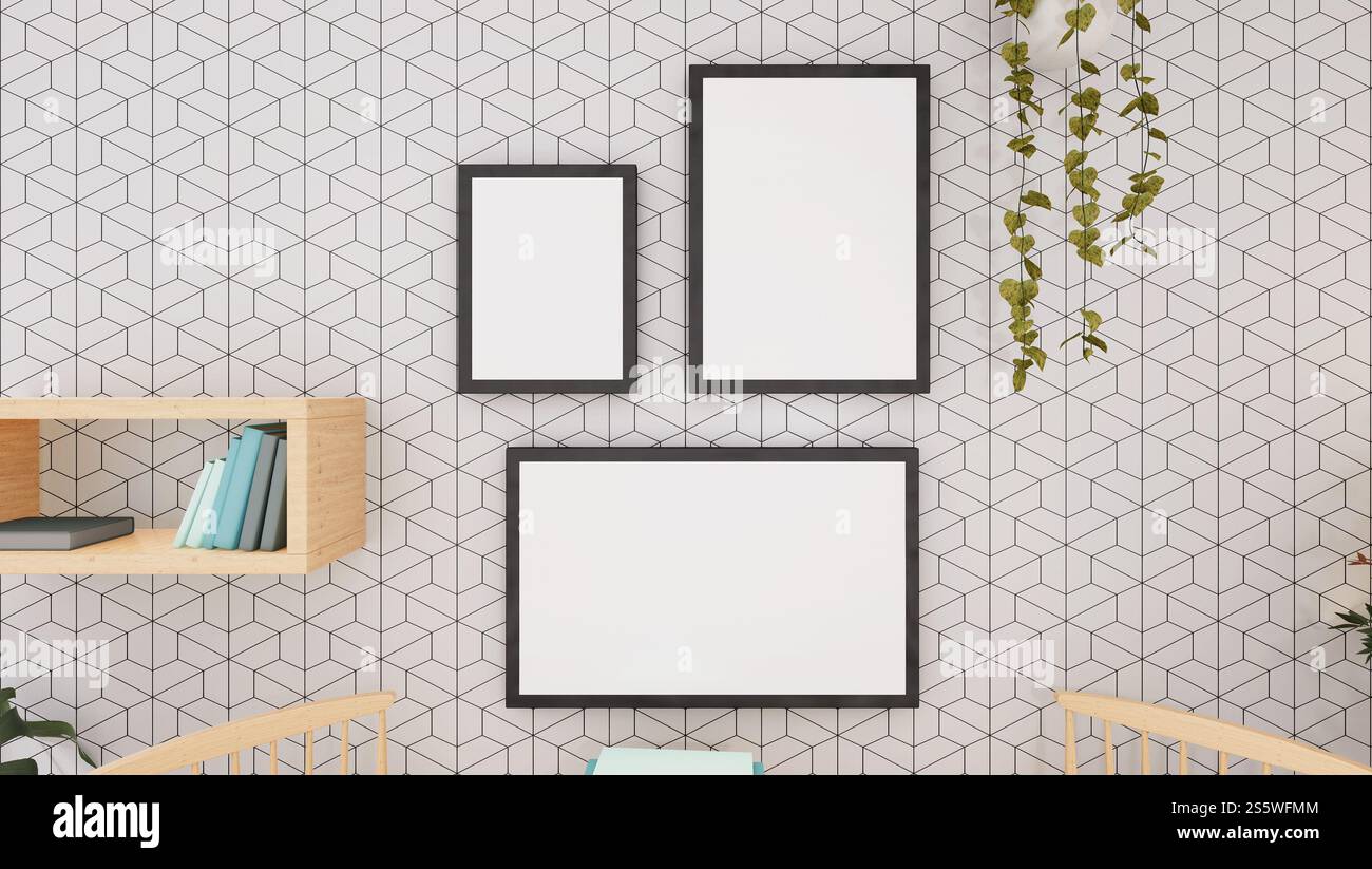 Cadre photo sur le mur dans le salon, style 3D. Banque D'Images