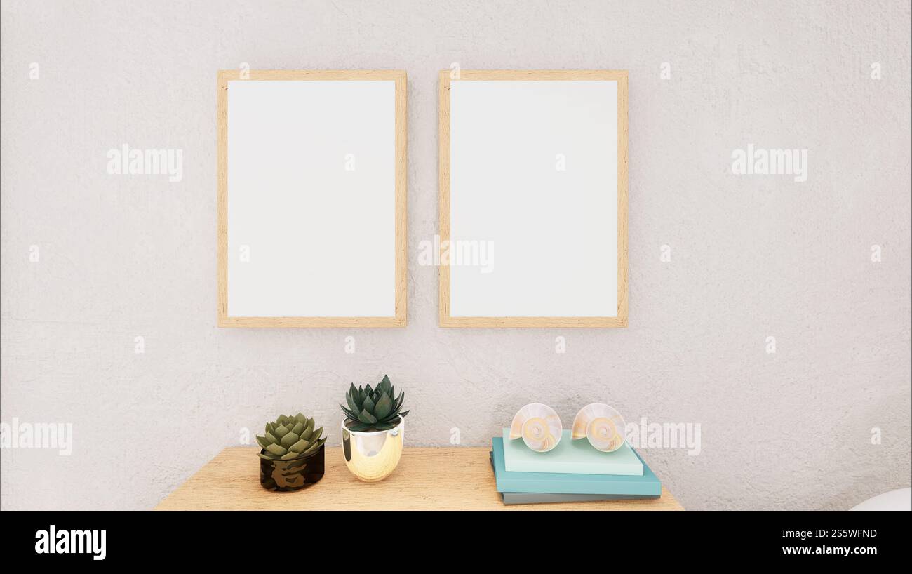 Cadre photo mural de salon avec vase à fleurs, style 3D. Banque D'Images