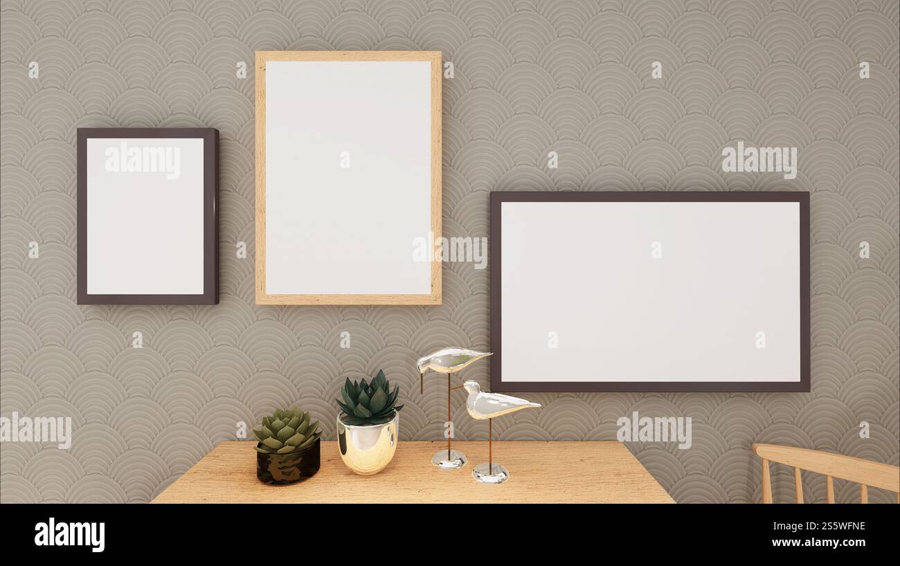 Cadre photo mural de salon avec vase à fleurs, style 3D. Banque D'Images