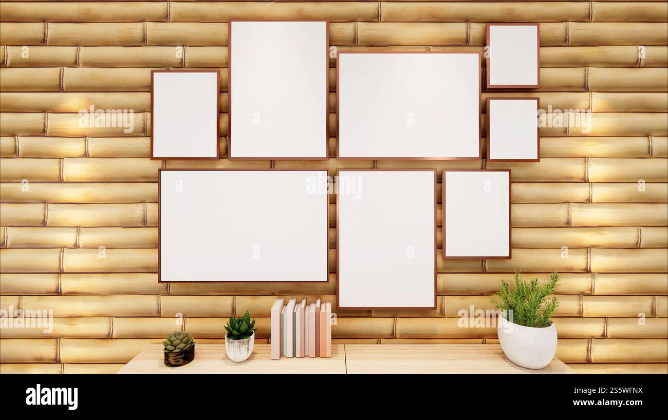 Cadre photo mural de salon avec vase à fleurs, style 3D. Banque D'Images