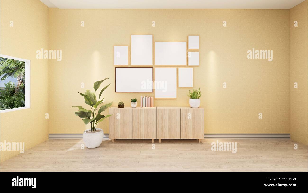 Cadre photo mural de salon avec vase à fleurs, style 3D. Banque D'Images