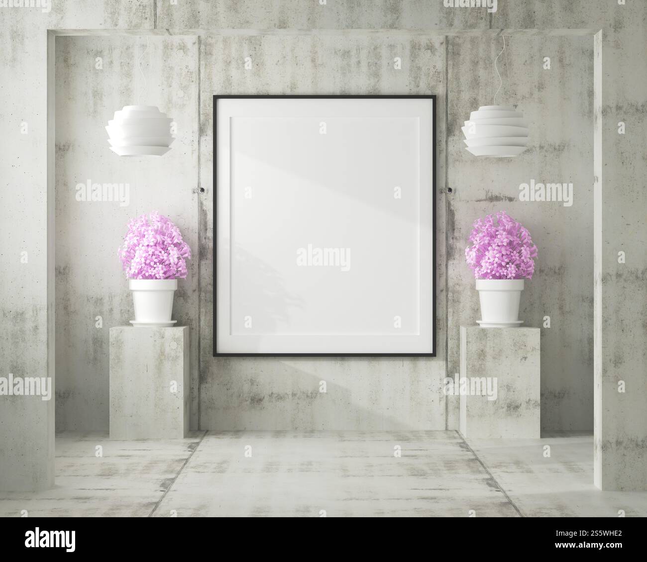 Cadre photo mural de salon avec vase à fleurs, style 3D. Banque D'Images