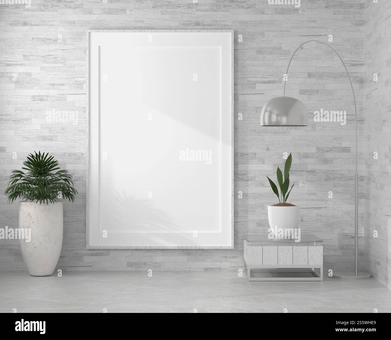 Cadre photo mural de salon avec vase à fleurs, style 3D. Banque D'Images