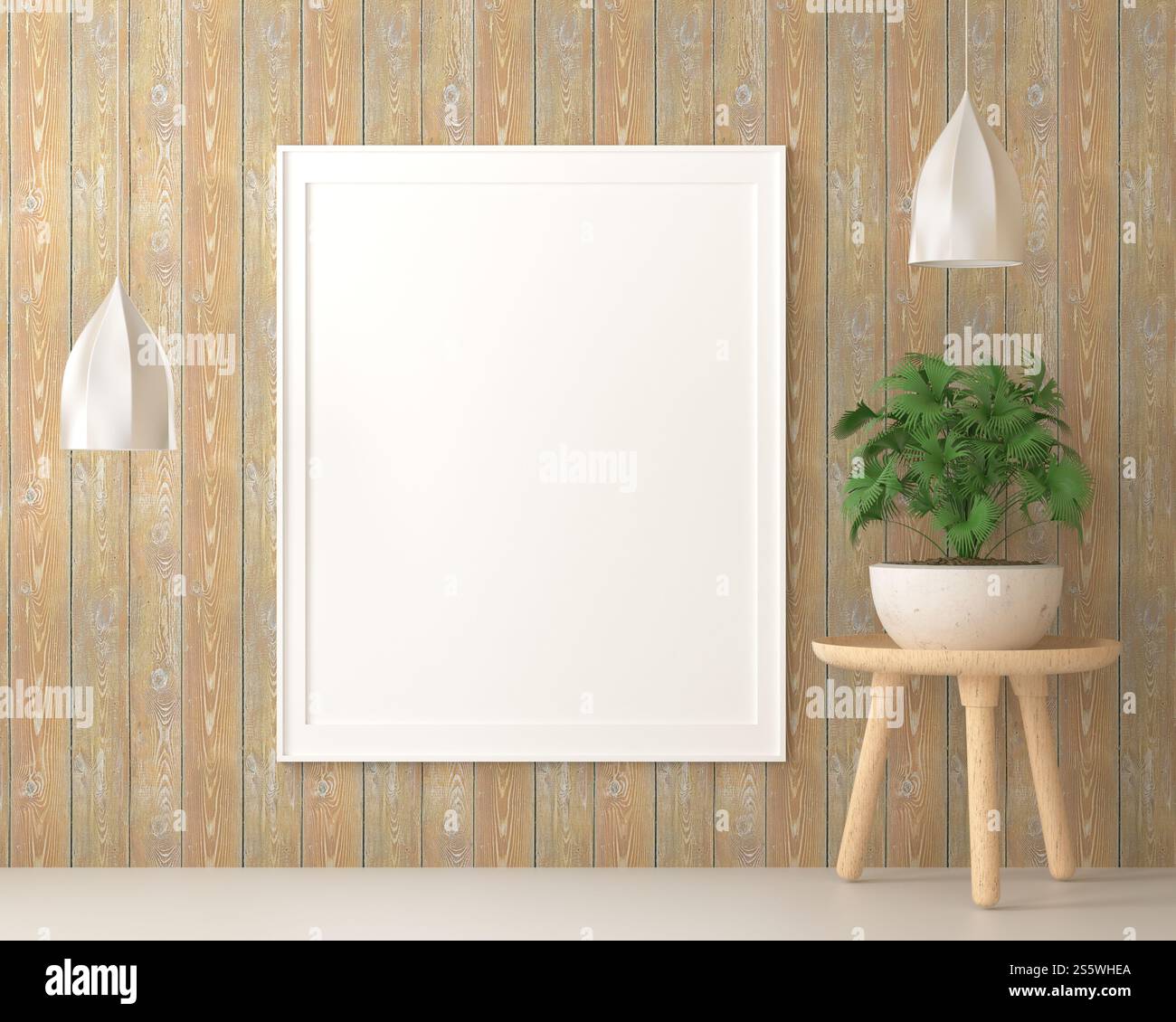 Cadre photo mural de salon avec vase à fleurs, style 3D. Banque D'Images