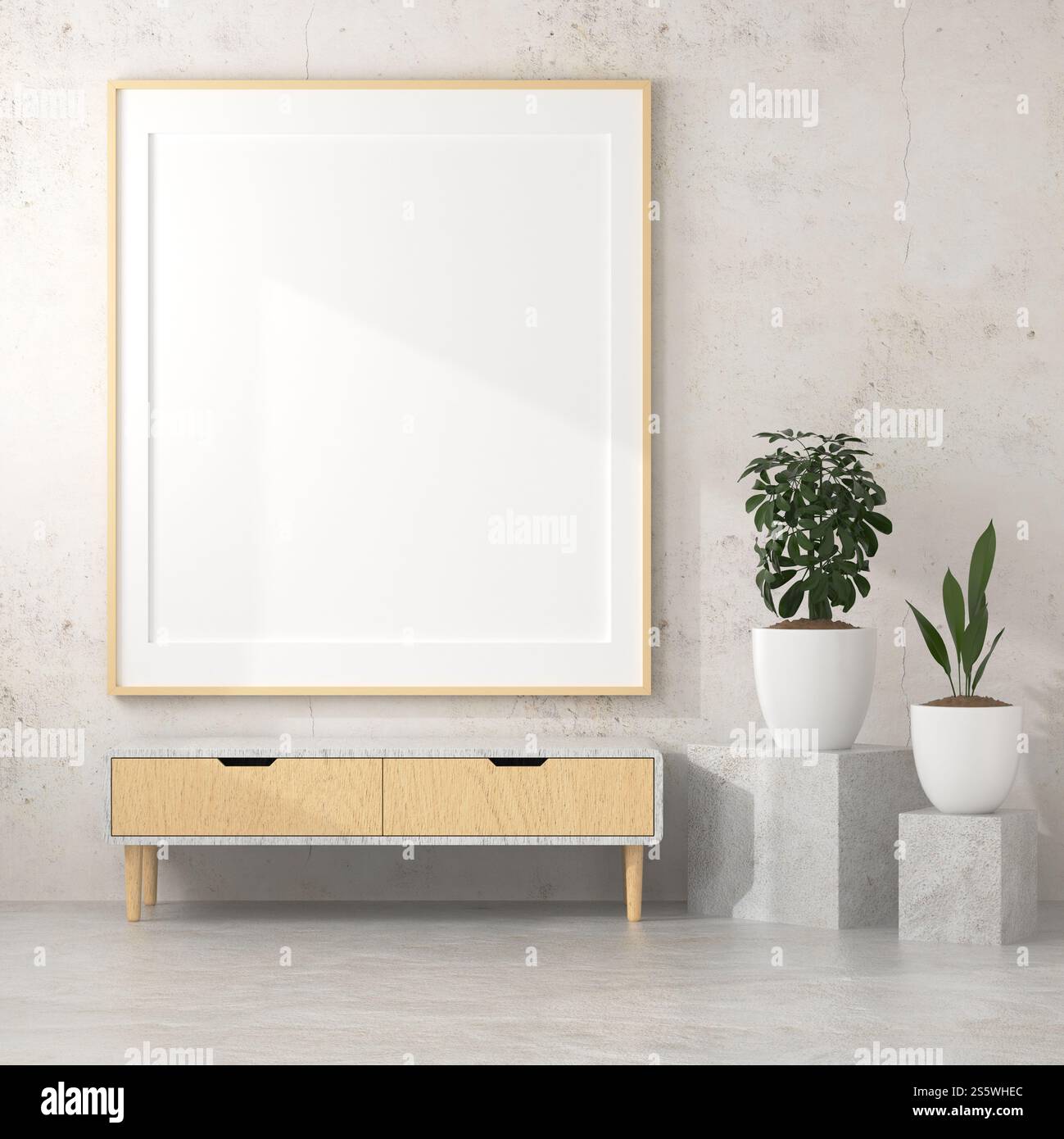 Cadre photo mural de salon avec vase à fleurs, style 3D. Banque D'Images