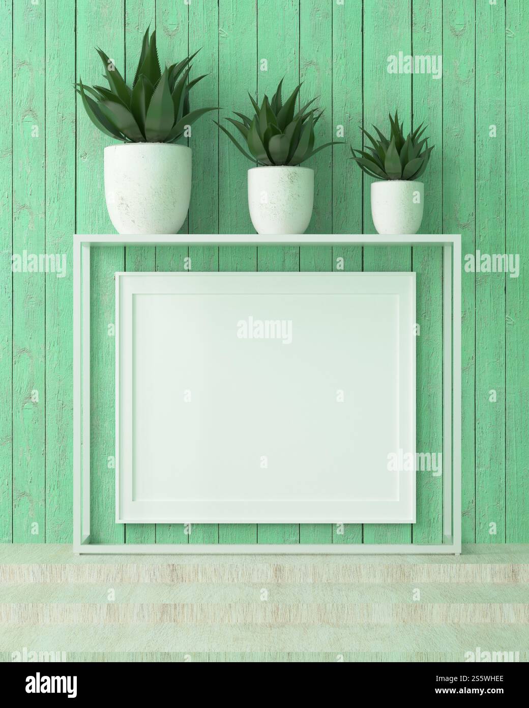 Cadre photo mural de salon avec vase à fleurs, style 3D. Banque D'Images