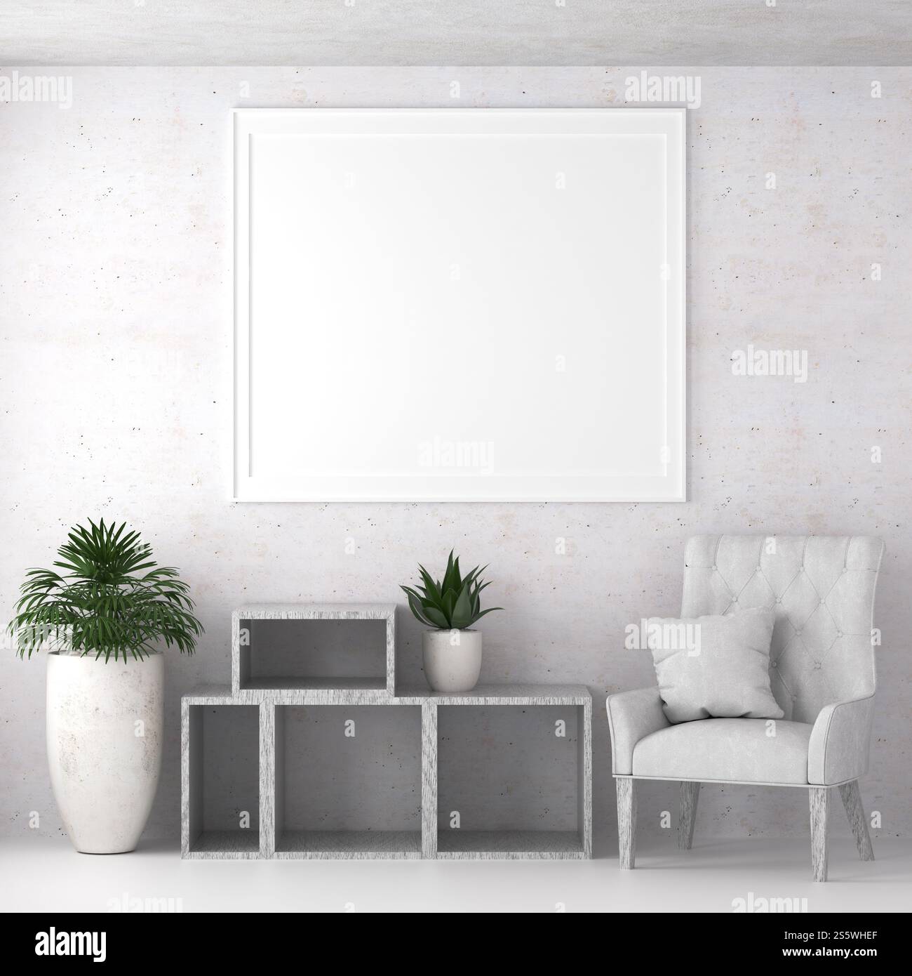 Cadre photo mural de salon avec vase à fleurs, style 3D. Banque D'Images