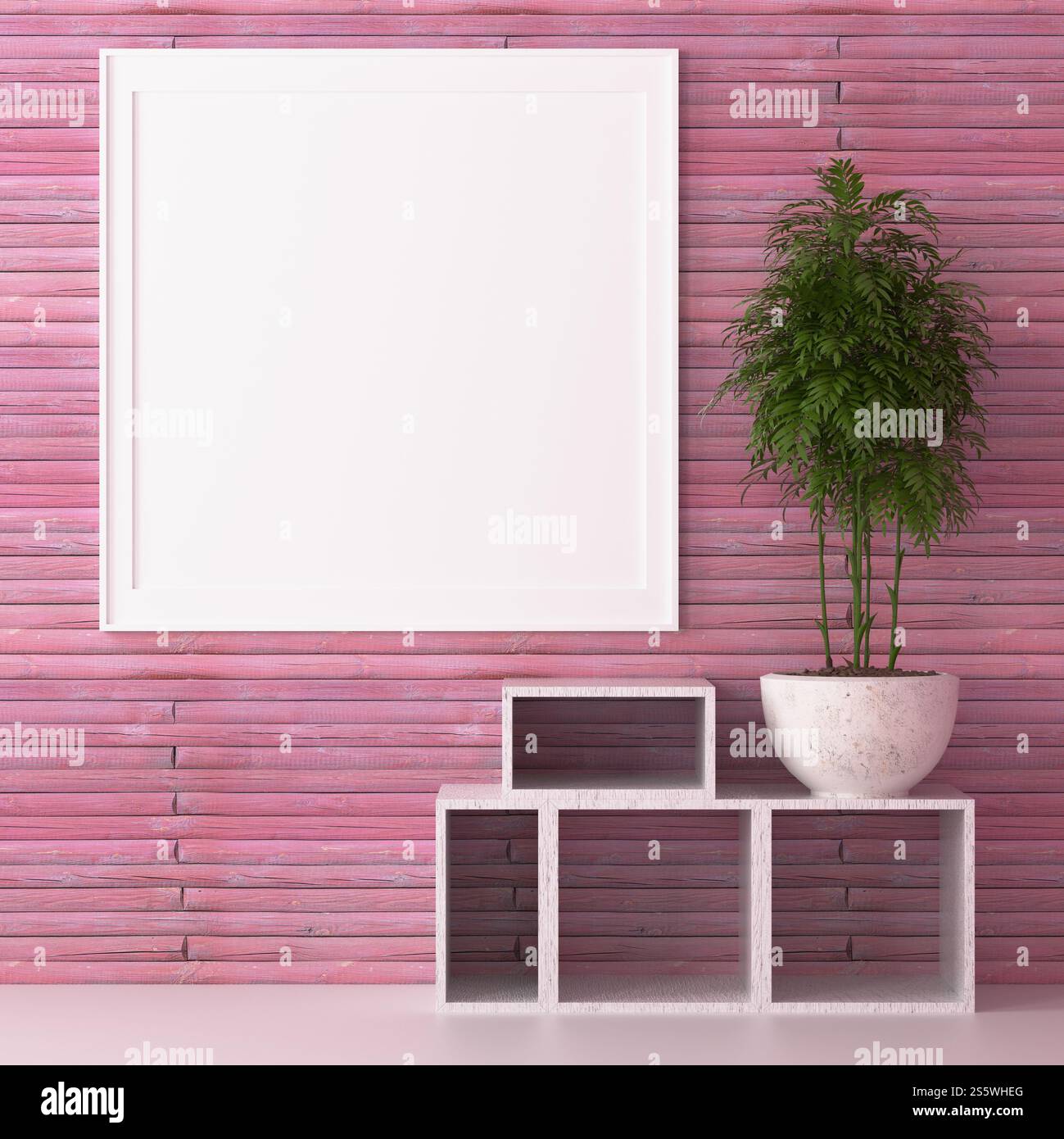 Cadre photo mural de salon avec vase à fleurs, style 3D. Banque D'Images