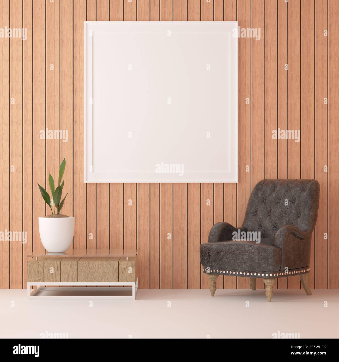 Cadre photo mural de salon avec vase à fleurs, style 3D. Banque D'Images