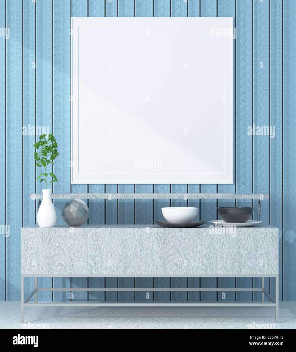 Cadre photo mural de salon avec vase à fleurs, style 3D. Banque D'Images