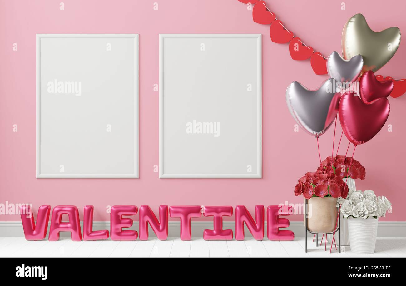 Message de Saint-Valentin fait de ballons avec pot de rose et cadre. Banque D'Images