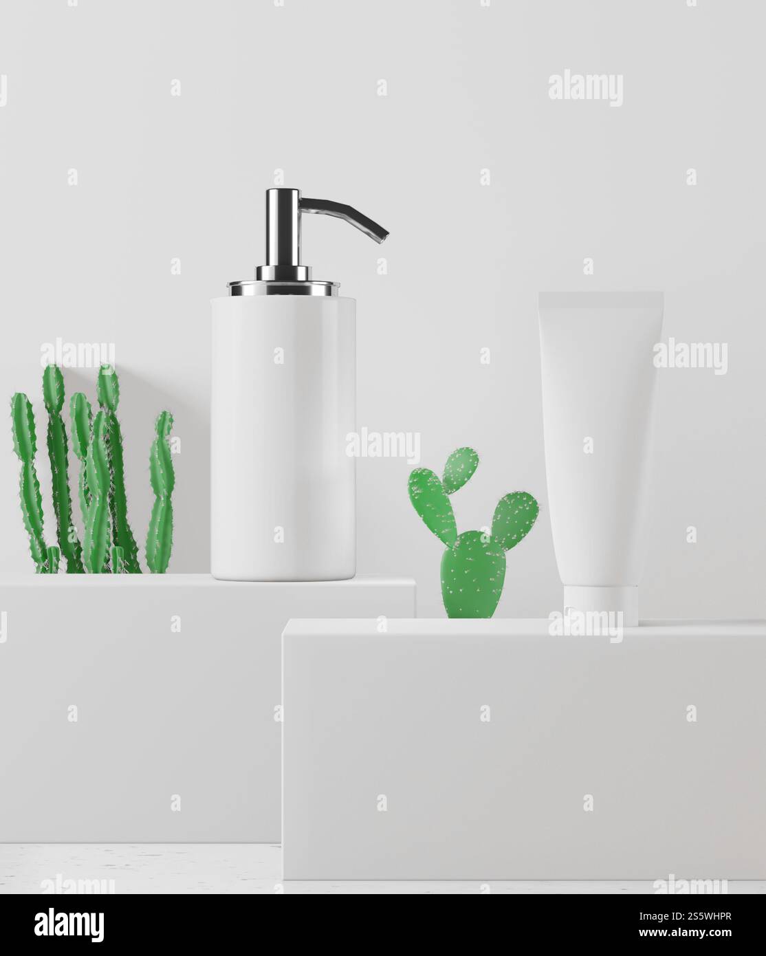 Presser la bouteille et la bouteille de pompe pour les cosmétiques sur fond blanc., style 3D. Banque D'Images