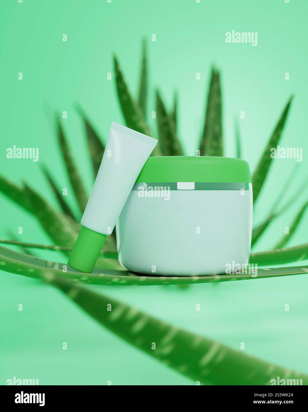 Pot de crème et tube pressé sur fond vert pastel. Banque D'Images