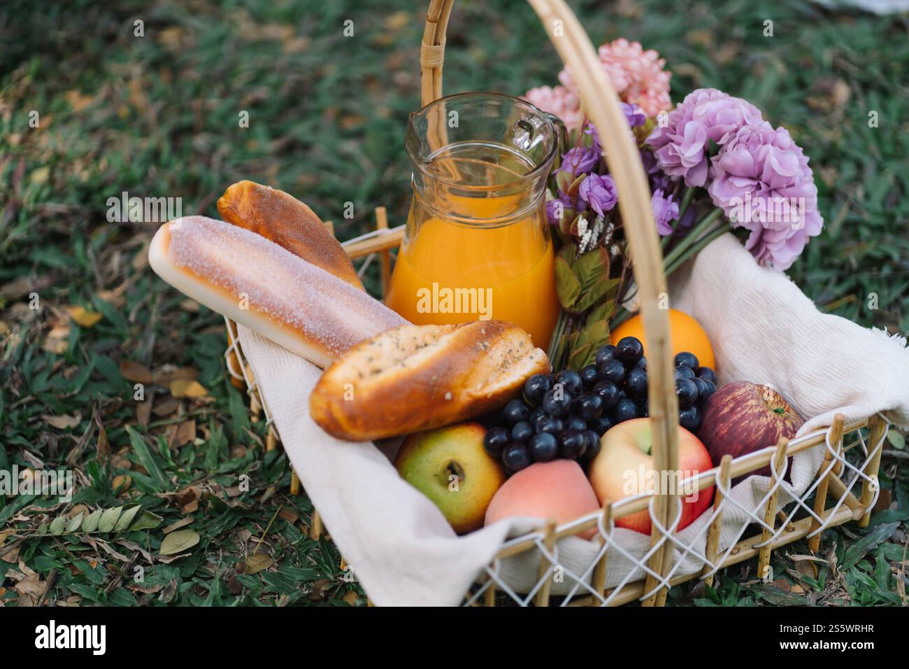 Déjeuner pique-nique repas à l'extérieur du parc avec panier de pique-nique alimentaire. profitez de l'heure de pique-nique dans la nature du parc à l'extérieur Banque D'Images