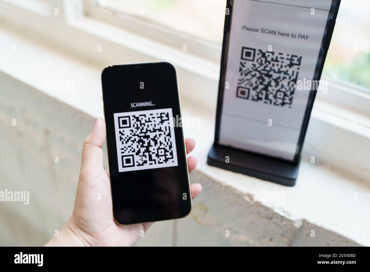 Paiement par code QR. E portefeuille. Man scan tag accepté générer paiement numérique sans argent.scan code QR en ligne shopping paiement sans espèces et Banque D'Images