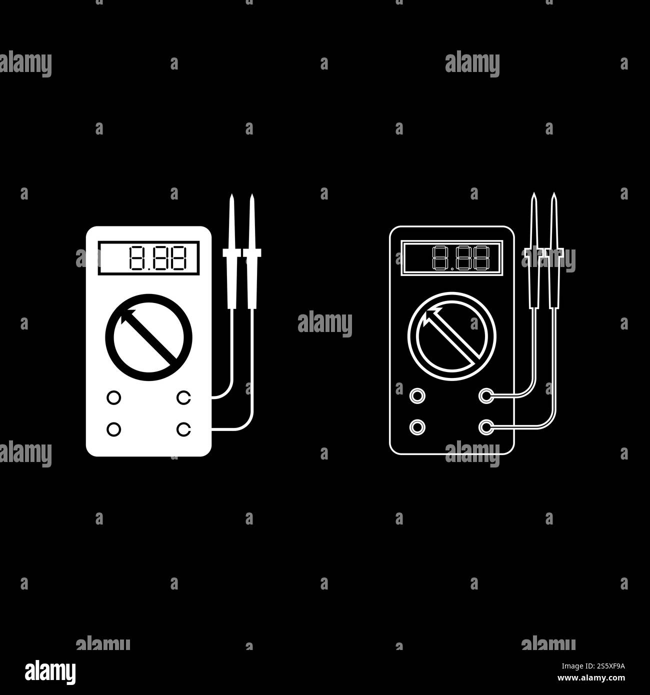 Multimètre numérique pour la mesure des indicateurs électriques tension c.a. ampérage ohmmètre puissance avec sondes icône contour défini blanc illustration vectorielle couleur plate style simple image Illustration de Vecteur