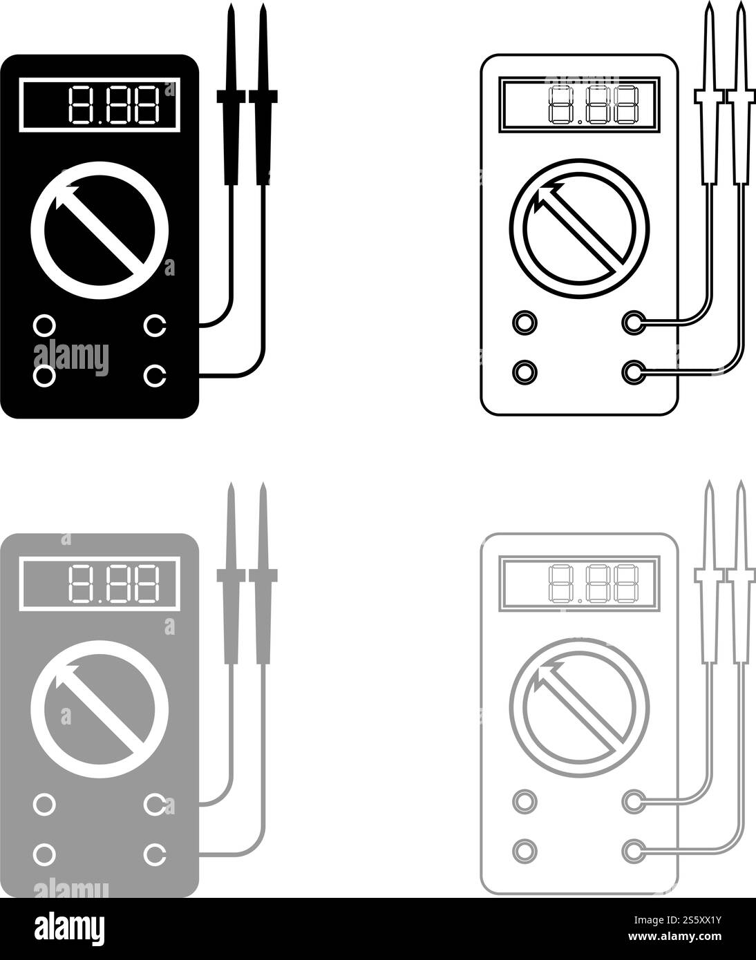 Multimètre numérique pour mesurer les indicateurs électriques tension c.a. ampérage ohmmètre puissance avec sondes contour d'icône défini noir gris couleur illustration vectorielle style plat image simple. Multimètre numérique pour la mesure des indicateurs électriques tension c.a. ampérage ohmmètre puissance avec sondes contour d'icône défini noir gris couleur illustration vectorielle image de style plat Illustration de Vecteur