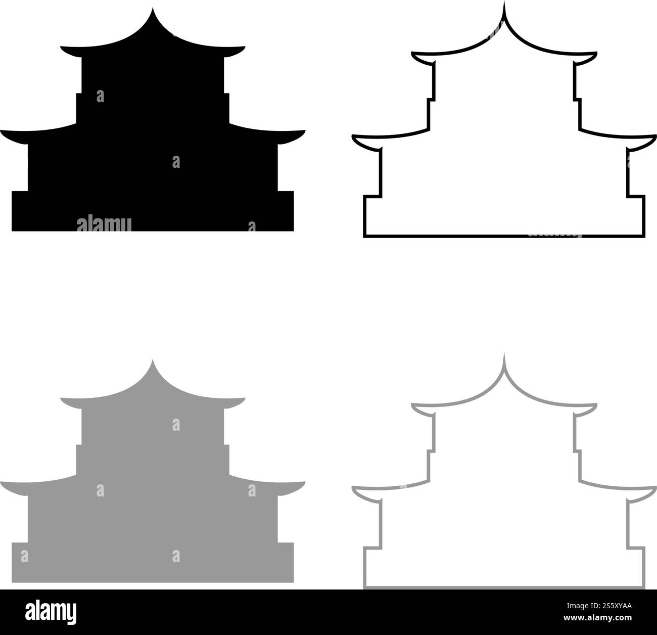 Silhouette de maison chinoise traditionnelle asiatique pagode japonaise cathédrale façade icône contour set noir gris illustration vectorielle style plat image simple. Silhouette de maison chinoise traditionnelle asiatique pagode japonaise cathédrale façade icône contour set noir gris illustration vectorielle image de style plat Illustration de Vecteur