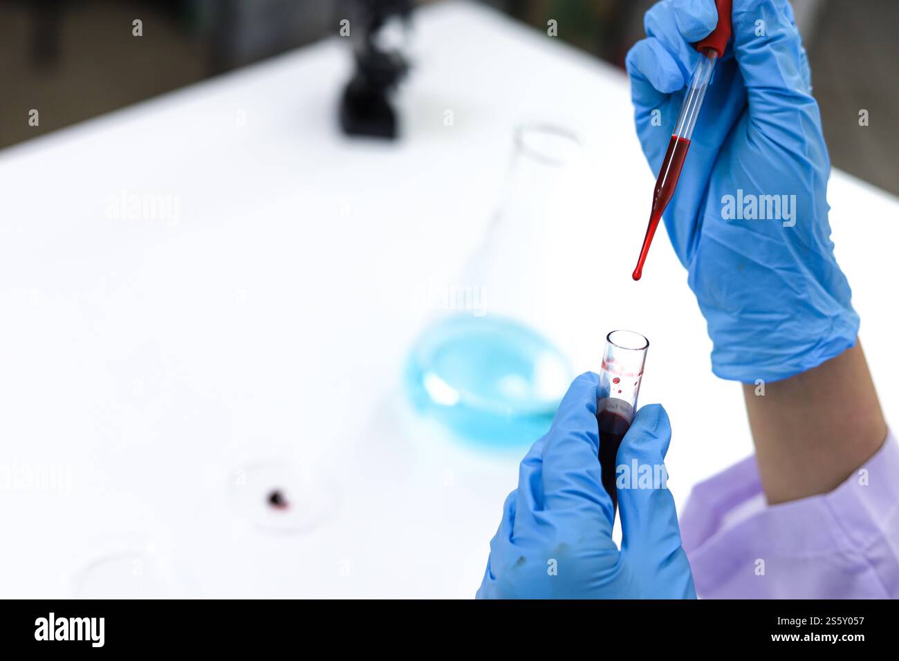 Scientifique tenant un tube de prélèvement sanguin infecté par le coronavirus covid-19. Analyse ADN du sang en laboratoire avec des tubes de prélèvement de sang et Banque D'Images