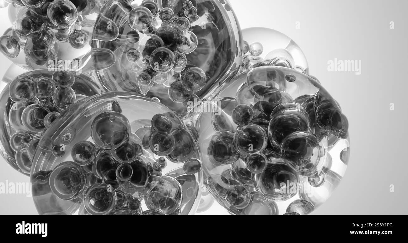 Un gros plan d'un tas de petites sphères liquides avec des bulles. Les sphères sont toutes de tailles différentes et sont dispersées dans le verre. L'image possède Banque D'Images