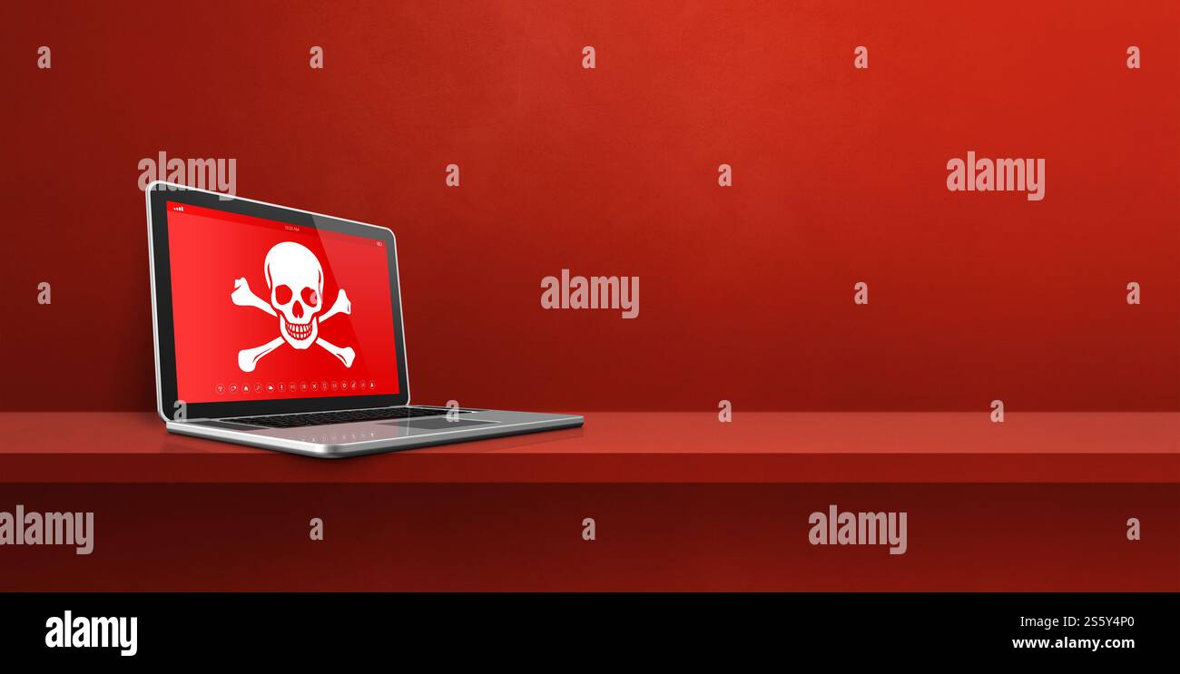 Ordinateur portable sur une étagère avec un symbole pirate à l'écran. Concept de piratage et de virus. Illustration 3D isolée sur fond rouge. Bannière horizontale. Ordinateur portable allumé Banque D'Images