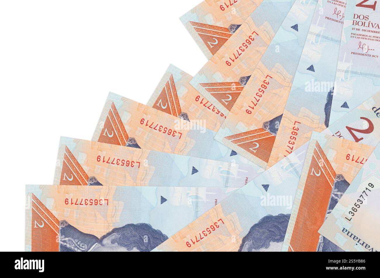 2 projets de loi bolivar vénézuéliens se trouvent dans un ordre différent isolé sur blanc. Concept de banque locale ou de monnaie. Bannière d'arrière-plan de l'entreprise. 2 Banque D'Images