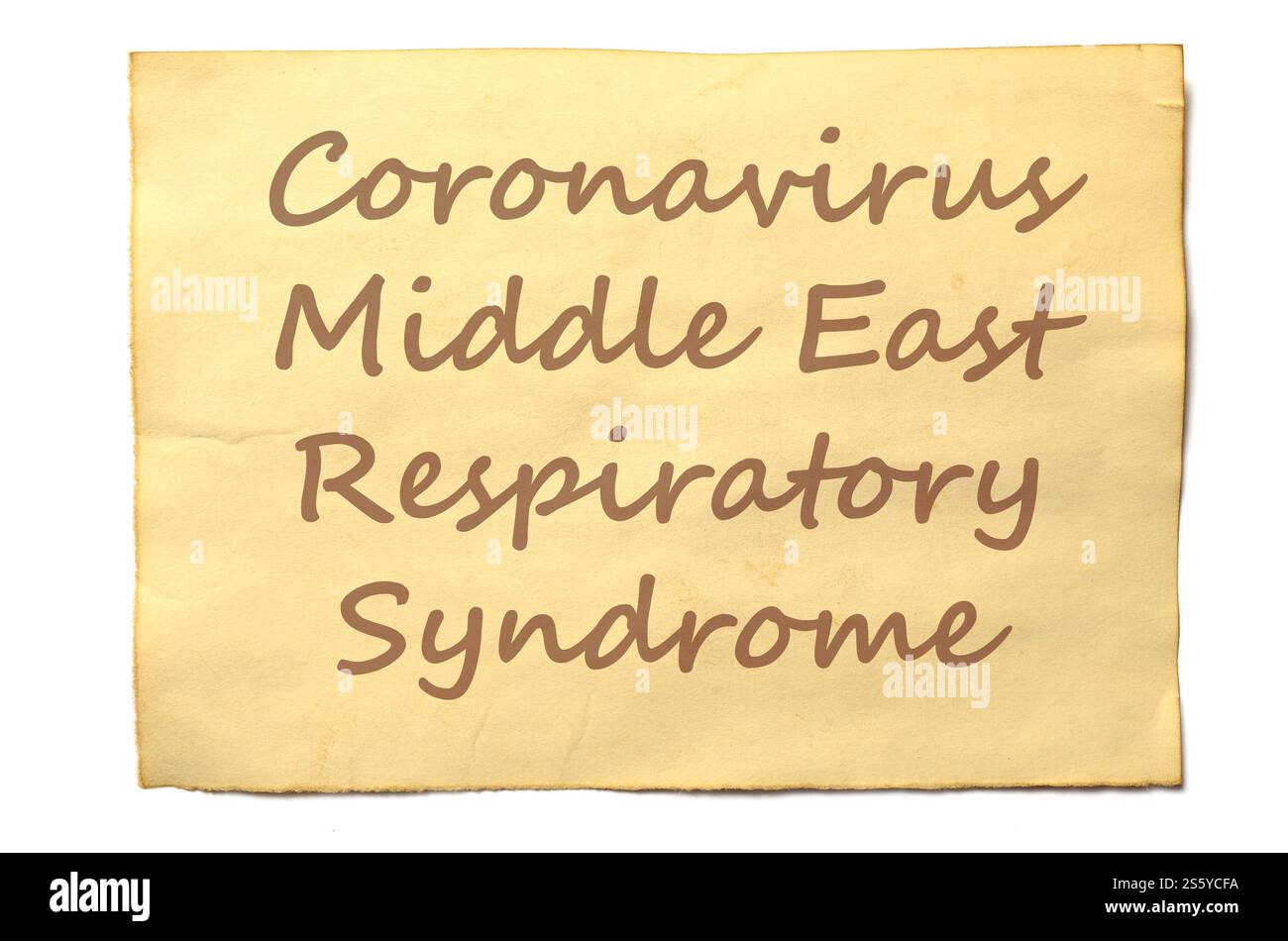 Inscription sur vieux papier froissé jaune. Nouveau concept de virus corona mers-CoV. Syndrome respiratoire du moyen-Orient infection chinoise dangereuse. Banque D'Images