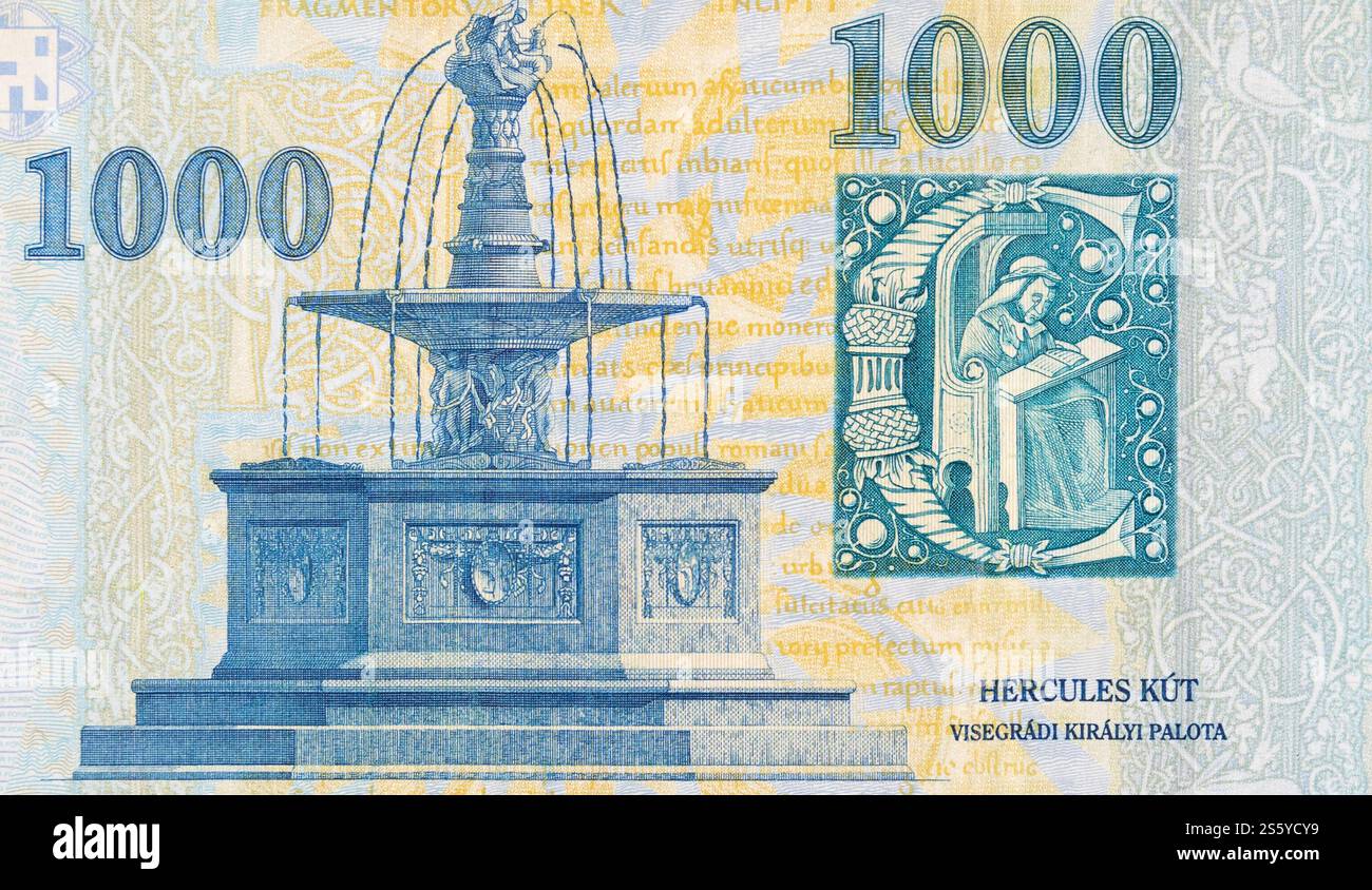 Fontaine Royale de Visegrad sur la Hongrie 1000 Forint 2006 gros plan fragment. Fontaine royale de Visegrad sur la Hongrie 1000 Forint 2006 fragment de billet de banque Banque D'Images