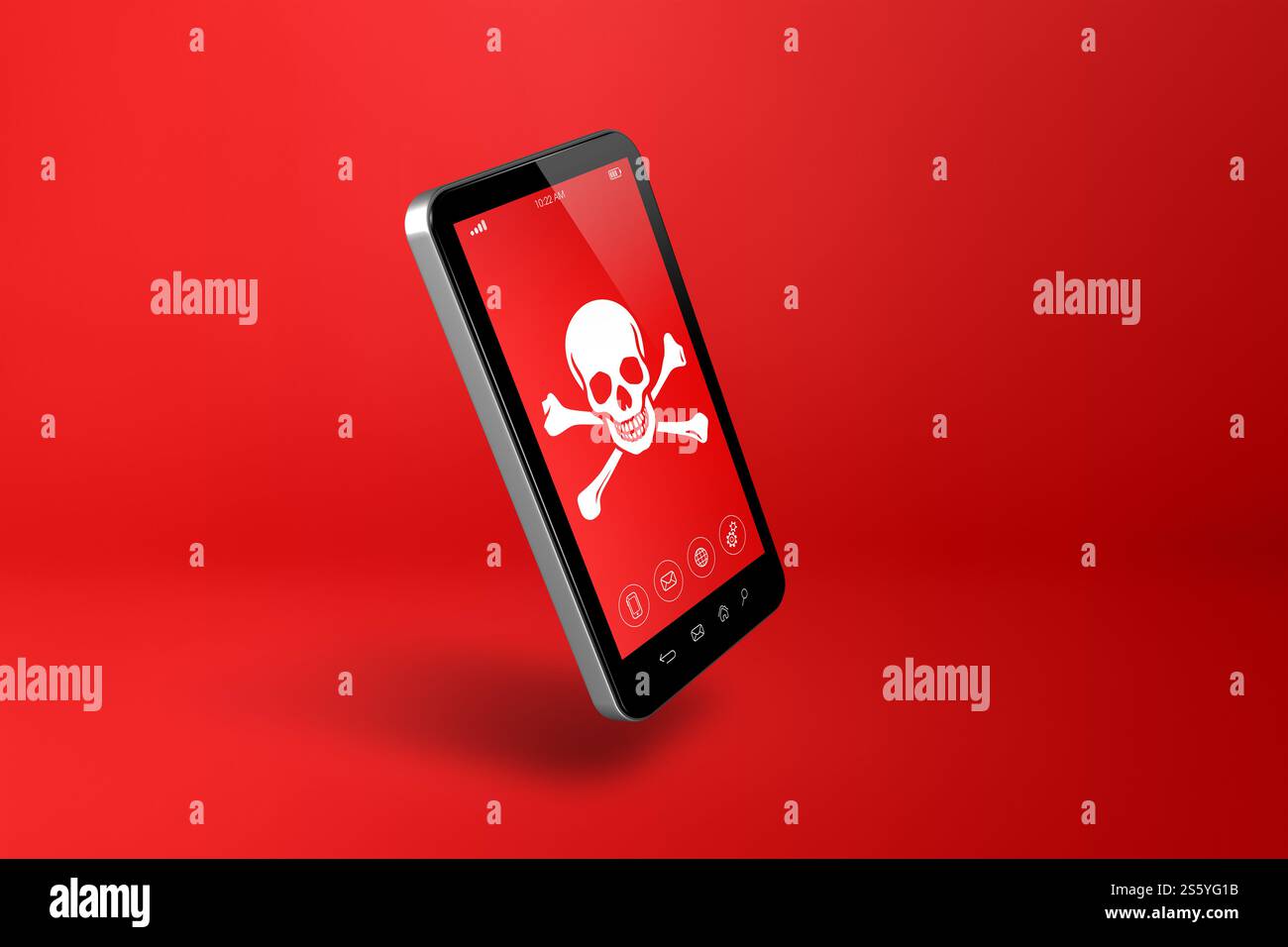Smartphone avec un symbole pirate sur l'écran. Concept de piratage et de virus. Illustration 3D isolée sur fond rouge. smartphone avec un symbole pirate Banque D'Images