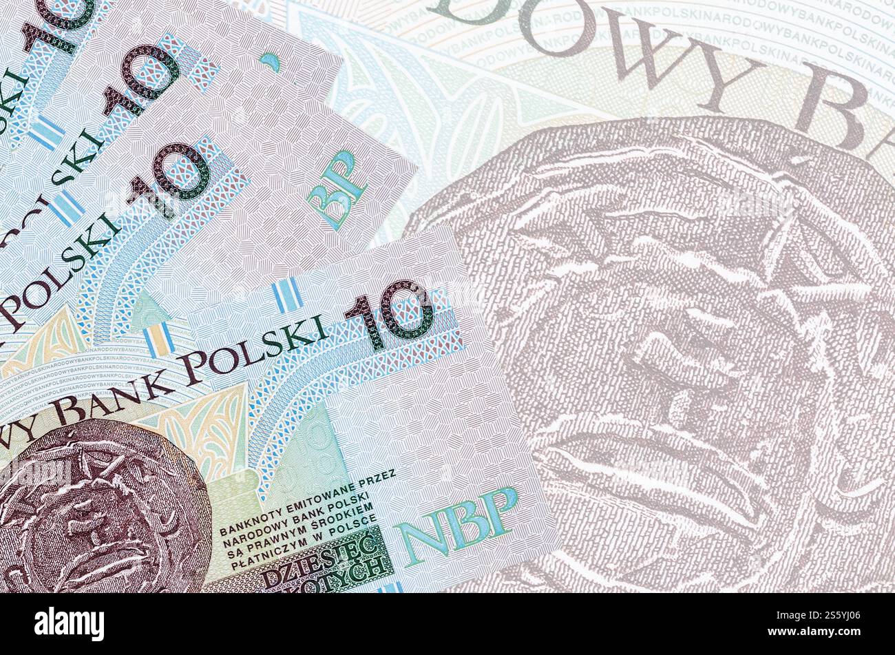 10 billets de zloty polonais se trouve dans la pile sur fond de gros billet de banque semi-transparent. Fond d'entreprise abstrait avec espace de copie. 10 zloty polonais Banque D'Images