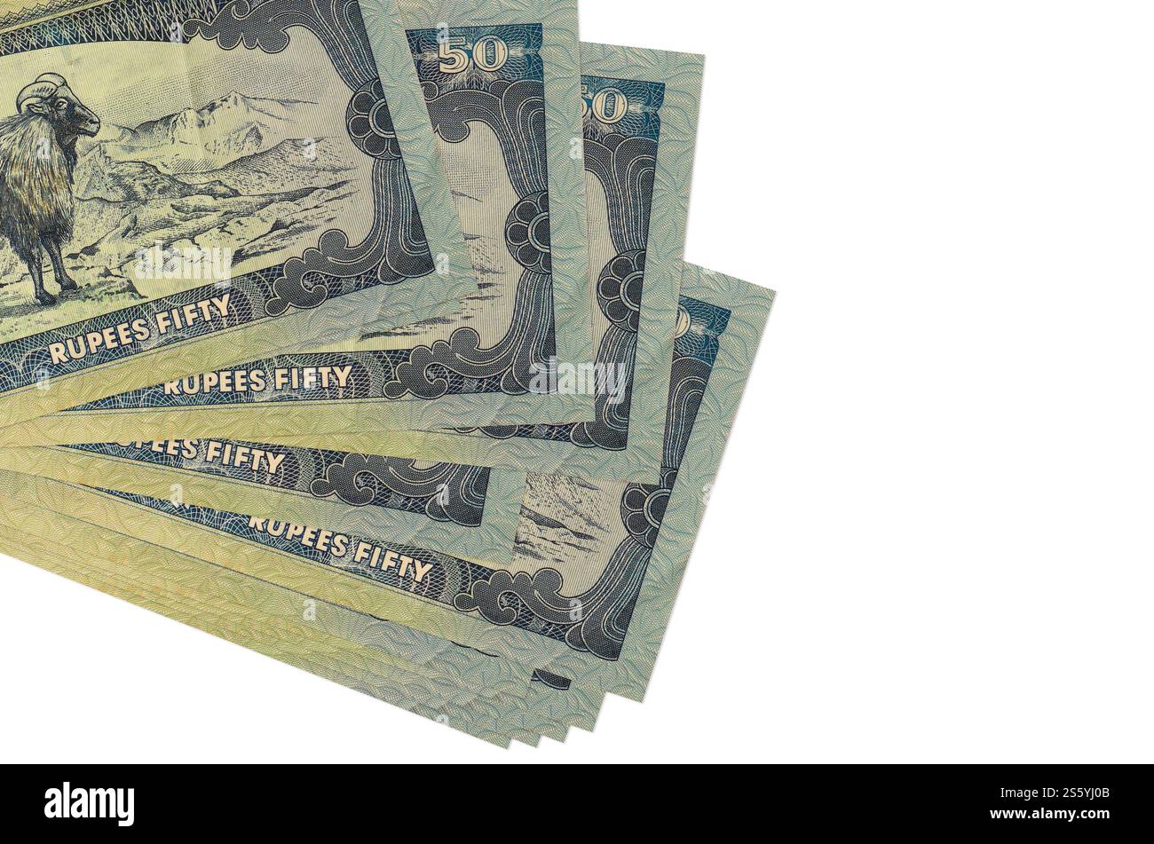50 billets de roupies népalaises se trouve dans un petit bouquet ou paquet isolé sur blanc. Maquette avec espace de copie. Concept d'affaires et de change de devises. 50 Népalais Banque D'Images