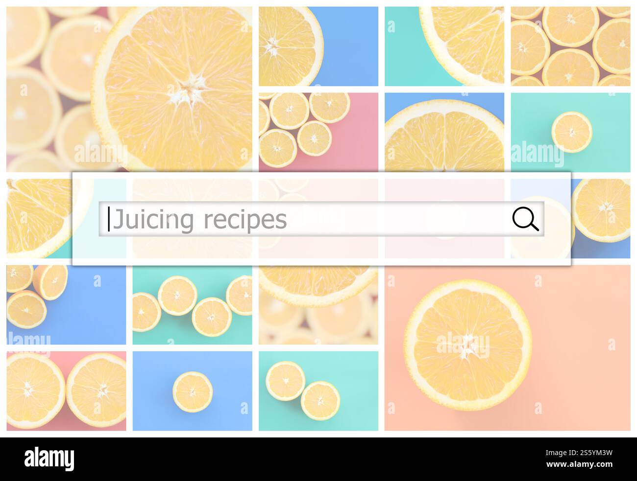 Visualisation de la barre de recherche sur l'arrière-plan d'un collage de plusieurs photos avec des oranges juteuses. Recettes de jus Banque D'Images