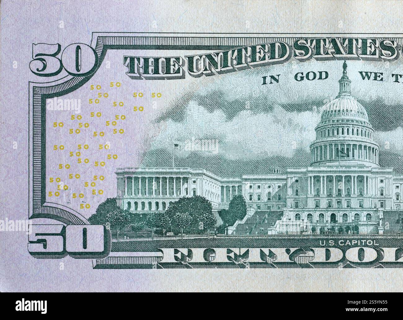 US Capitol sur billet de banque de 50 dollars verso gros plan macro fragment. Facture d'argent de cinquante dollars des états-Unis gros plan. Le Capitole DES ÉTATS-UNIS sur 50 dollars Banque D'Images