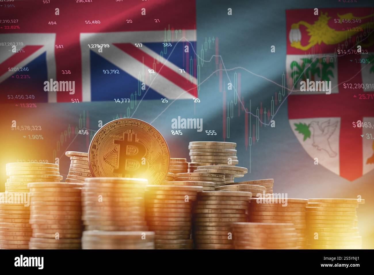 Drapeau Fidji et grande quantité de pièces bitcoin d'or et graphique de plate-forme de trading. Concept de crypto-monnaie. Drapeau Fidji et grande quantité de bitcoin doré Banque D'Images