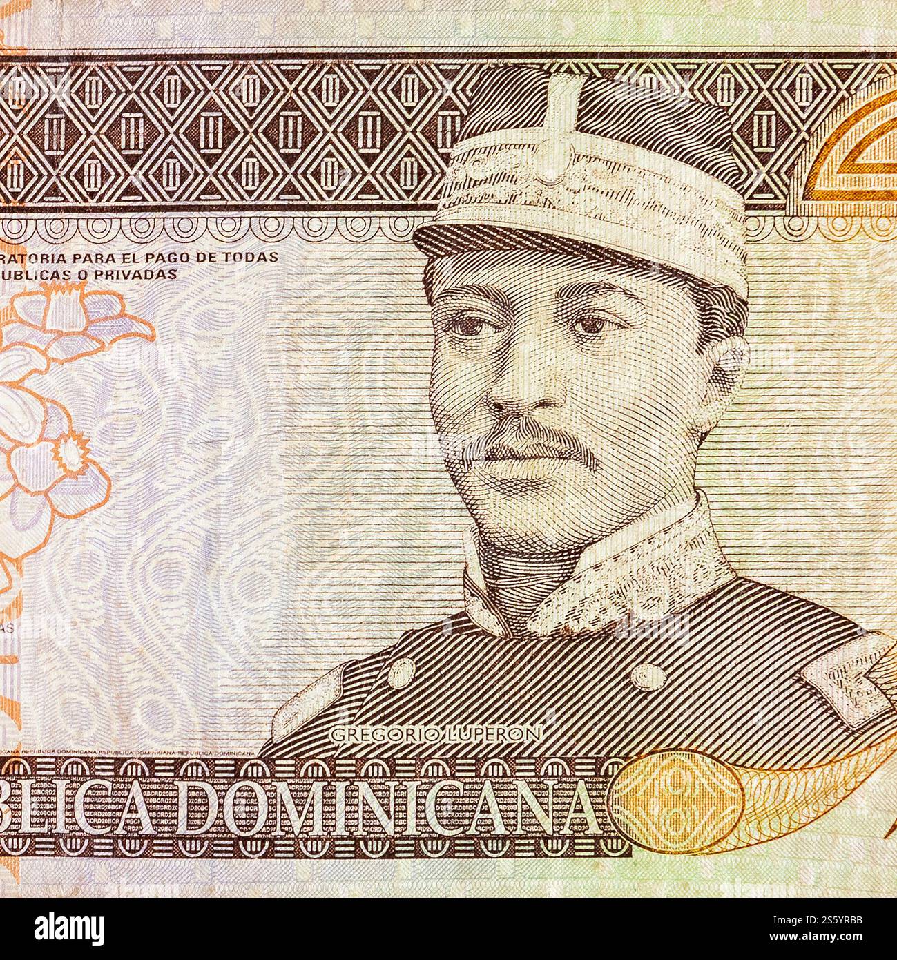 Portrait de Gregorio Luperon représenté sur une vieille note de vingt pesos monnaie de la république dominicaine. Bec orange côté avant. Portrait de Gregorio Luperon représenté sur Banque D'Images