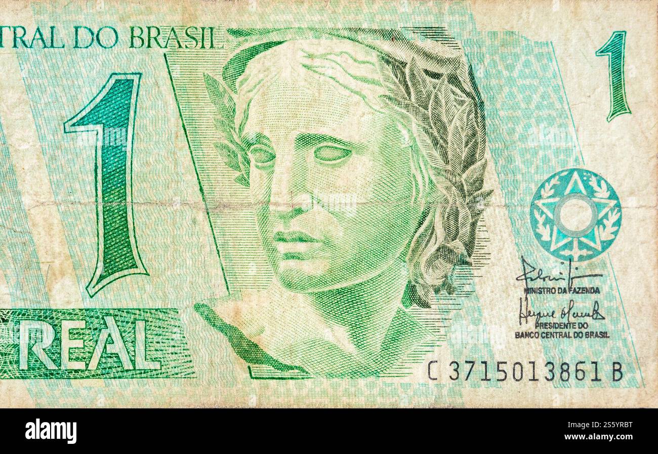 Portrait des Républiques Effigy représenté comme buste sur la vieille une vraie note de l'argent brésilien. Bec vert face avant. Portrait des Républiques Effigy représenté comme buste sur Banque D'Images