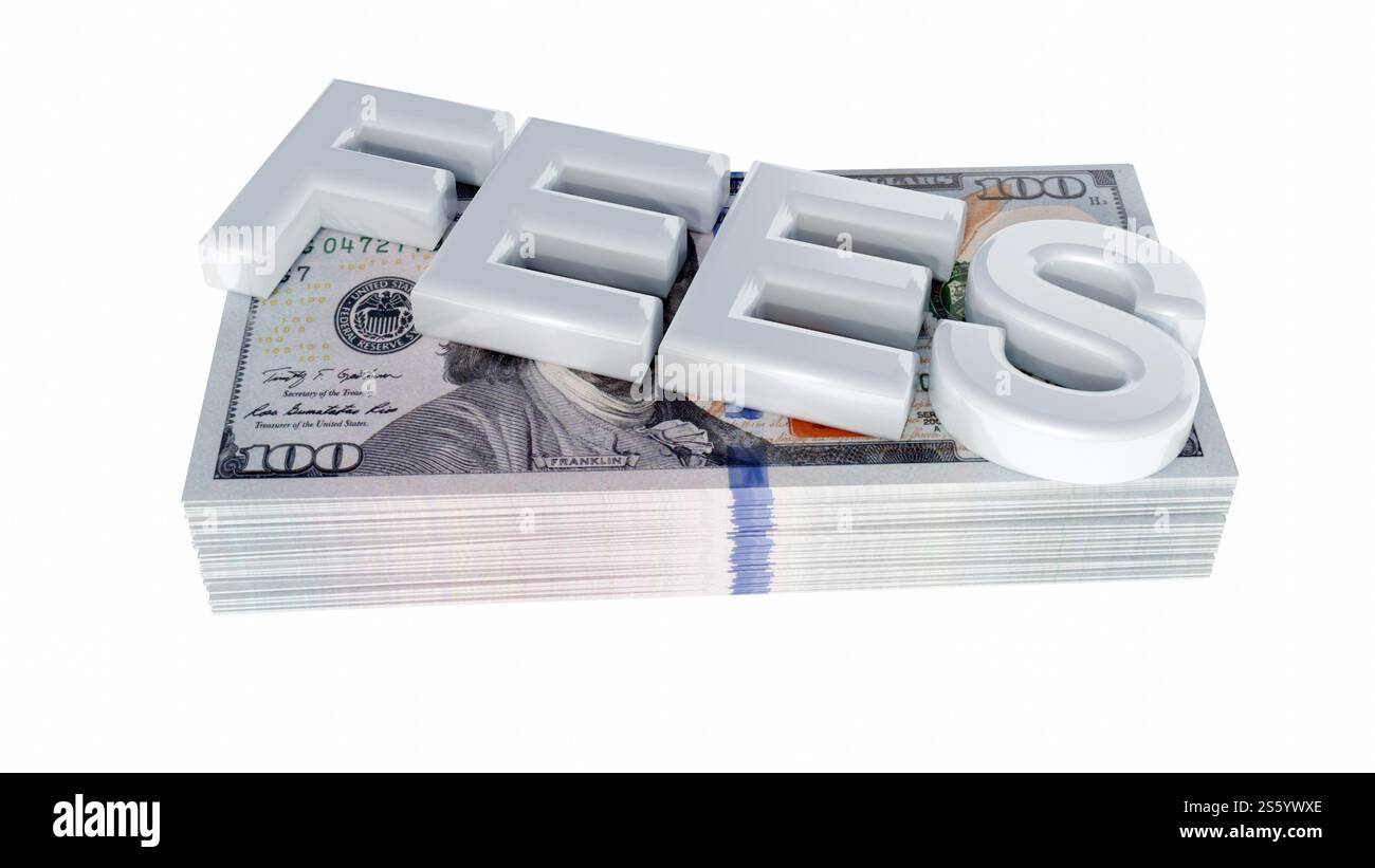 Rendu 3d du mot 'HONORAIRES' et des billets de cent dollars US (USD). Concept de finance, coût, dépense, charges, argent. Banque D'Images