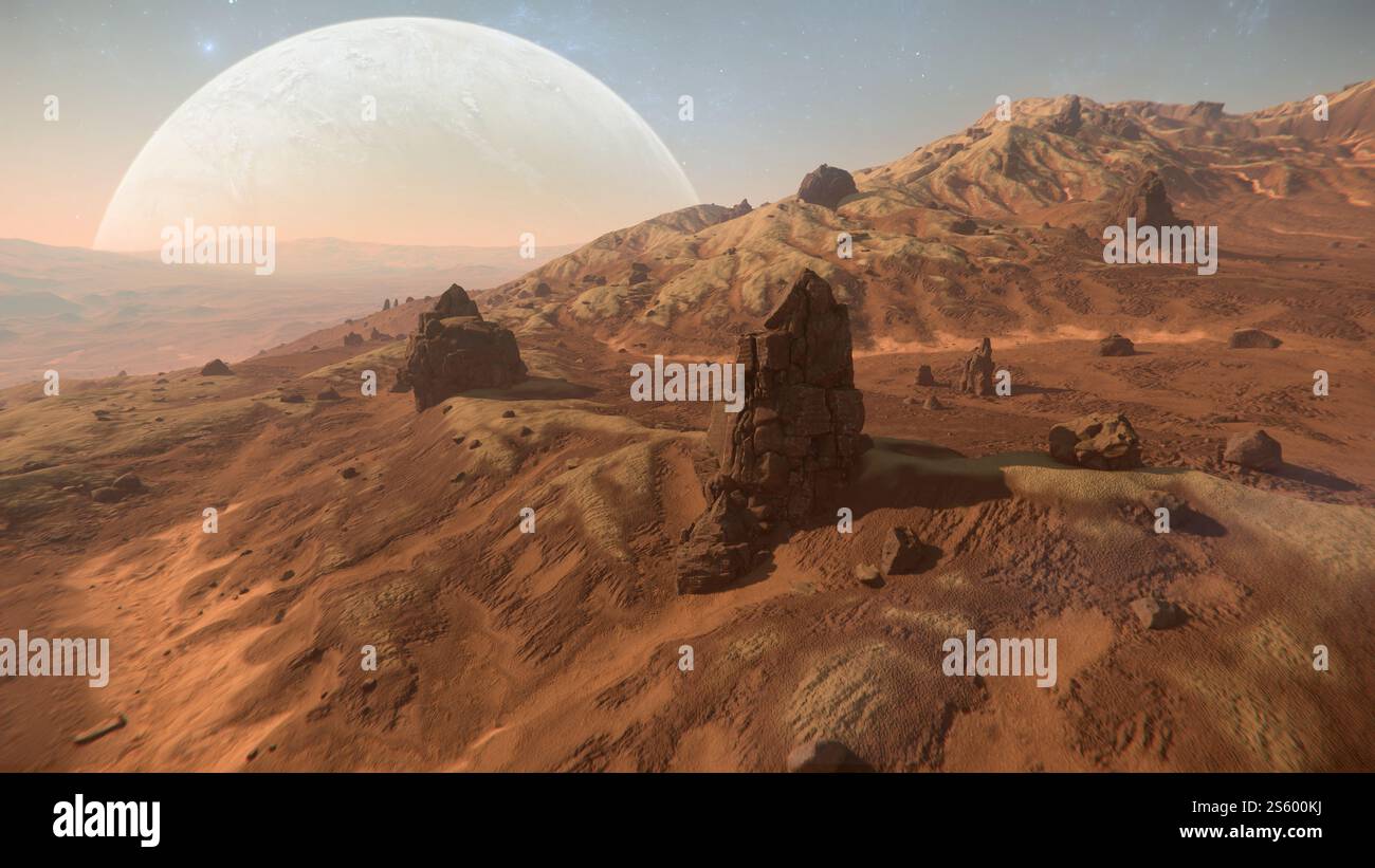 Le paysage surnaturel présente des formations rocheuses accidentées et une planète géante lointaine illumine le ciel au crépuscule, créant une scène captivante d'extraction Banque D'Images