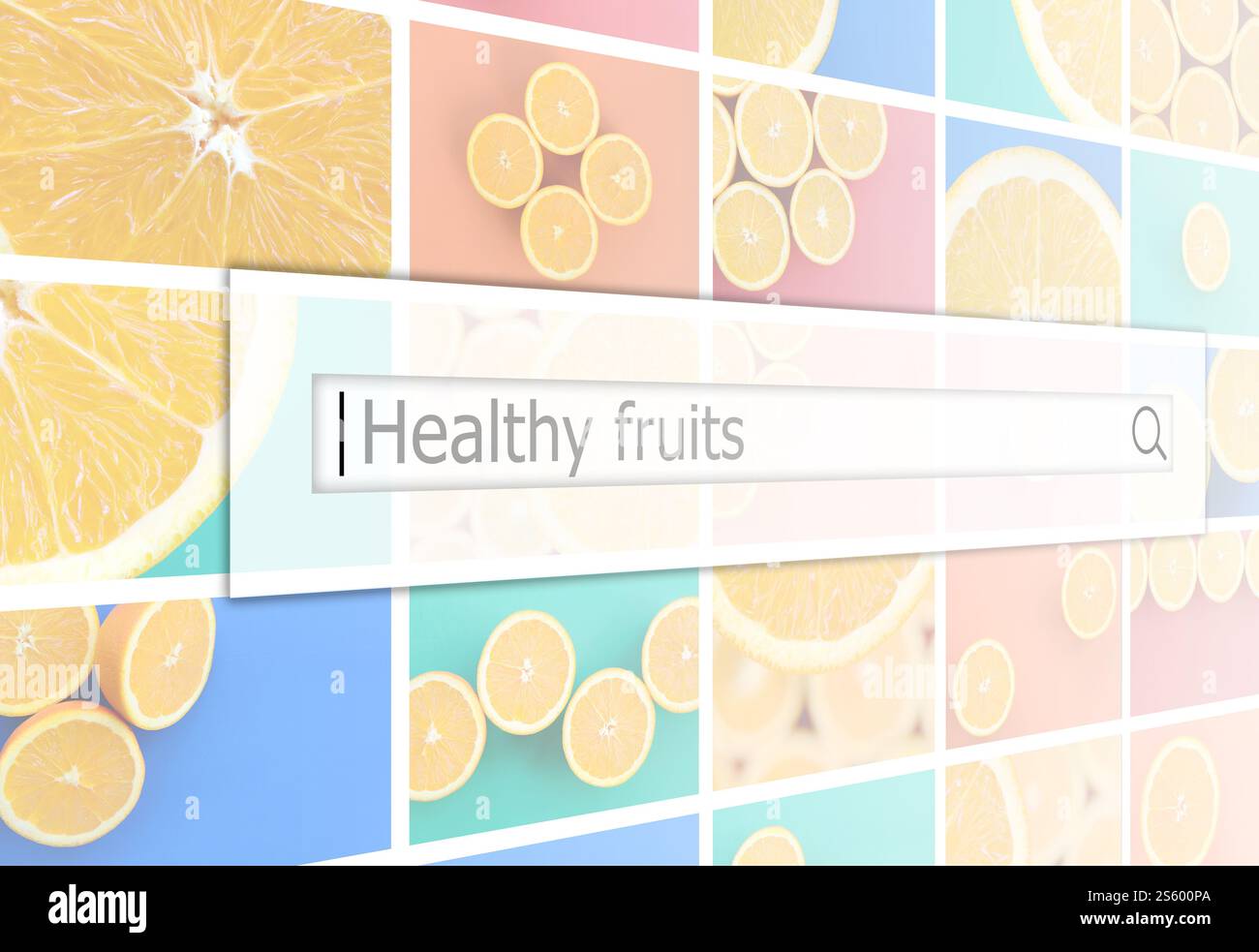Visualisation de la barre de recherche sur l'arrière-plan d'un collage de plusieurs photos avec des oranges juteuses. Fruits Healthly Banque D'Images