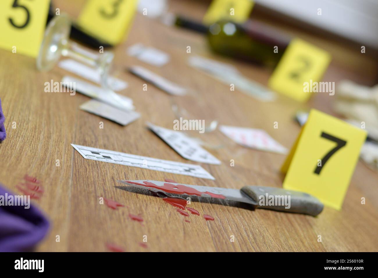 Enquête sur les lieux du crime - numérotation des preuves après le meurtre dans l'appartement. Verre de vin cassé, couteau et bouteille comme preuve de gros plan. Banque D'Images