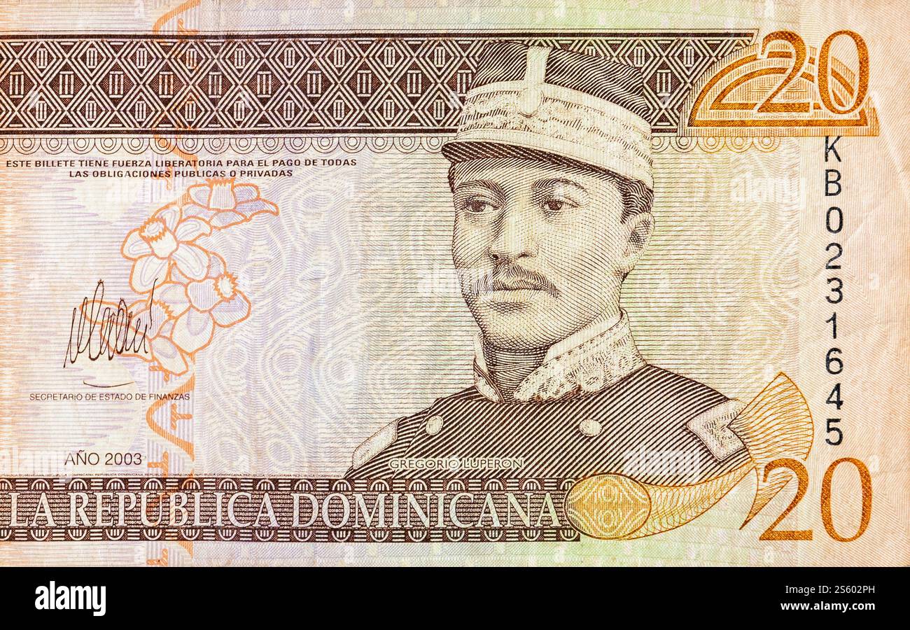 Portrait de Gregorio Luperon représenté sur une vieille note de vingt pesos monnaie de la république dominicaine. Bec orange côté avant. Portrait de Gregorio Luperon représenté sur Banque D'Images