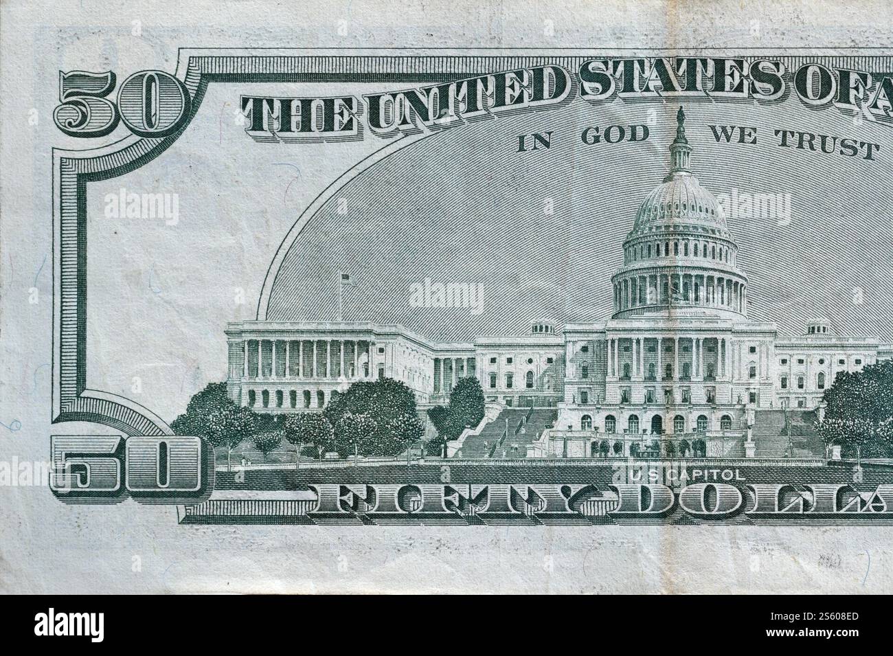 US Capitol sur billet de banque de 50 dollars verso gros plan macro fragment. Facture d'argent de cinquante dollars des états-Unis gros plan. Le Capitole DES ÉTATS-UNIS sur 50 dollars Banque D'Images