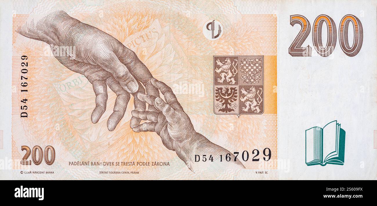 République tchèque 200 Korun 1998 billet de banque gros plan fragment de billet. Deux cents Crones. République tchèque 200 Korun 1998 billet de banque gros plan fragment de billet Banque D'Images