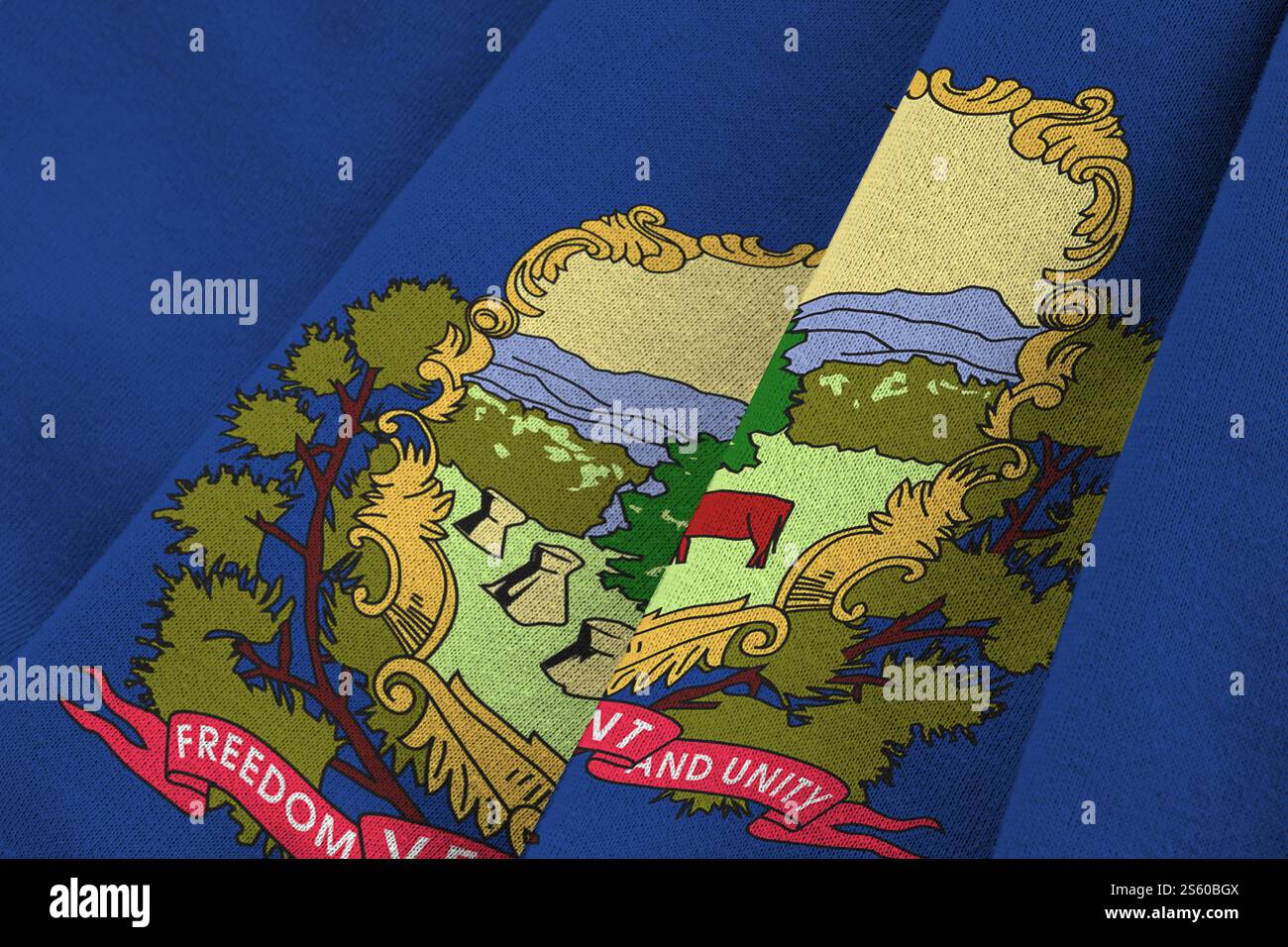 Vermont drapeau de l'État américain avec de grands plis ondulant de près sous la lumière du studio à l'intérieur. Les symboles officiels et les couleurs dans la bannière de tissu. Vermont US Banque D'Images