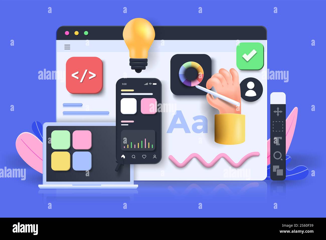 Application mobile, logiciel et développement web avec des formes 3D, graphique à barres, infographie sur fond rose. Illustration vectorielle 3D. Banque D'Images