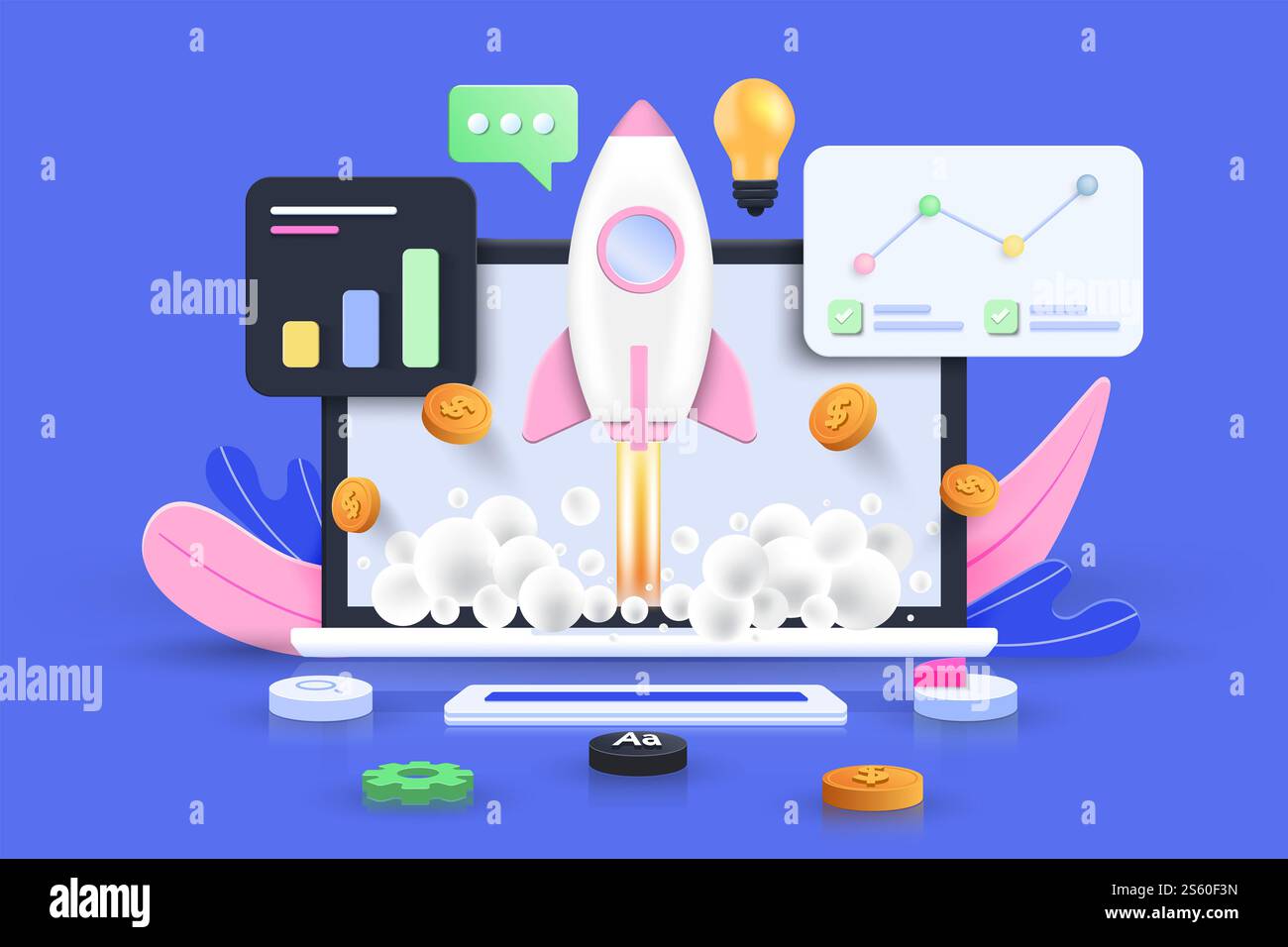 Concept de démarrage, logiciel et développement web avec des formes 3D, graphique à barres, infographie sur fond bleu. Illustration vectorielle 3D. Banque D'Images