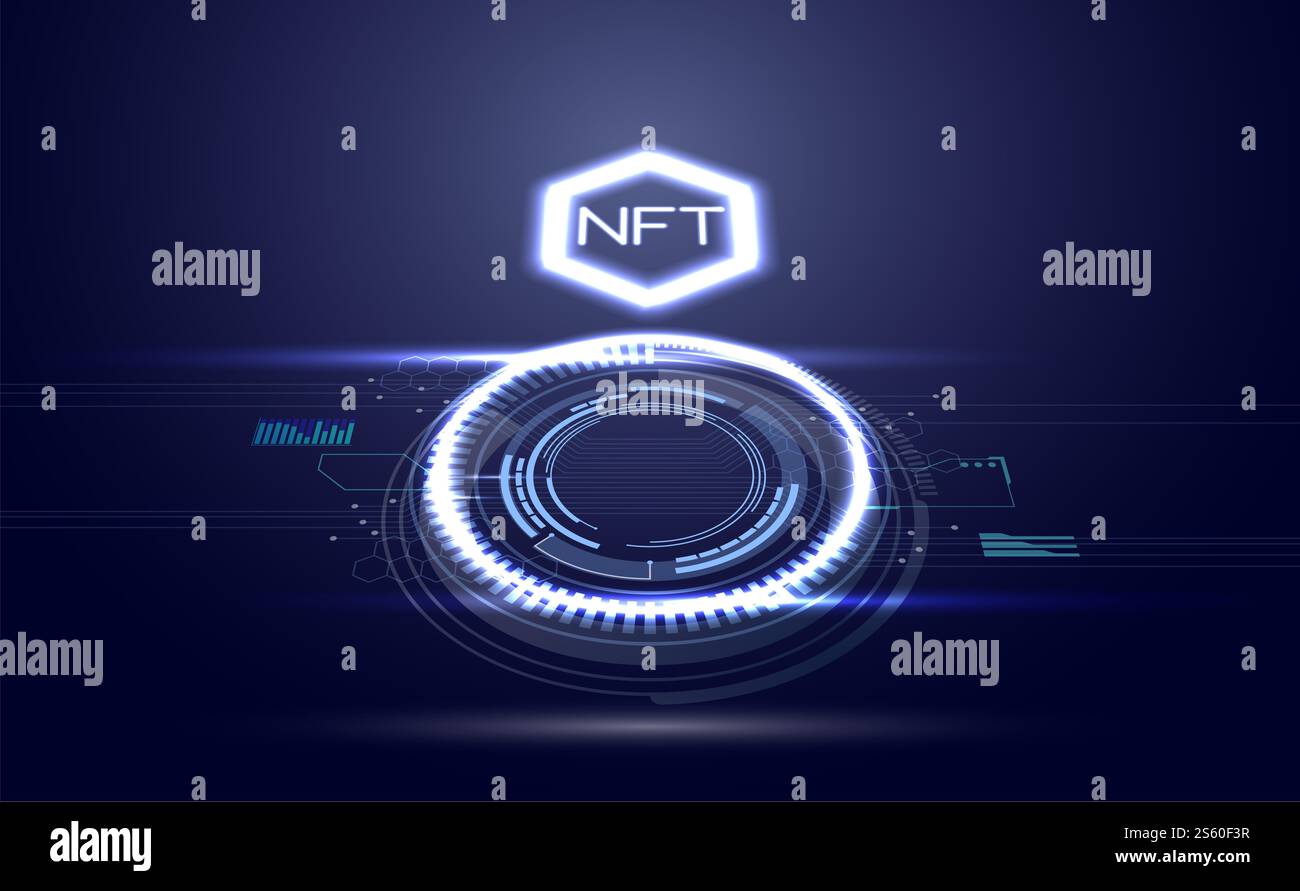 Bannière de jetons non fongibles NFT. Crypto-monnaie, blockchain, concept futuriste de Landing page vectoriel Banque D'Images