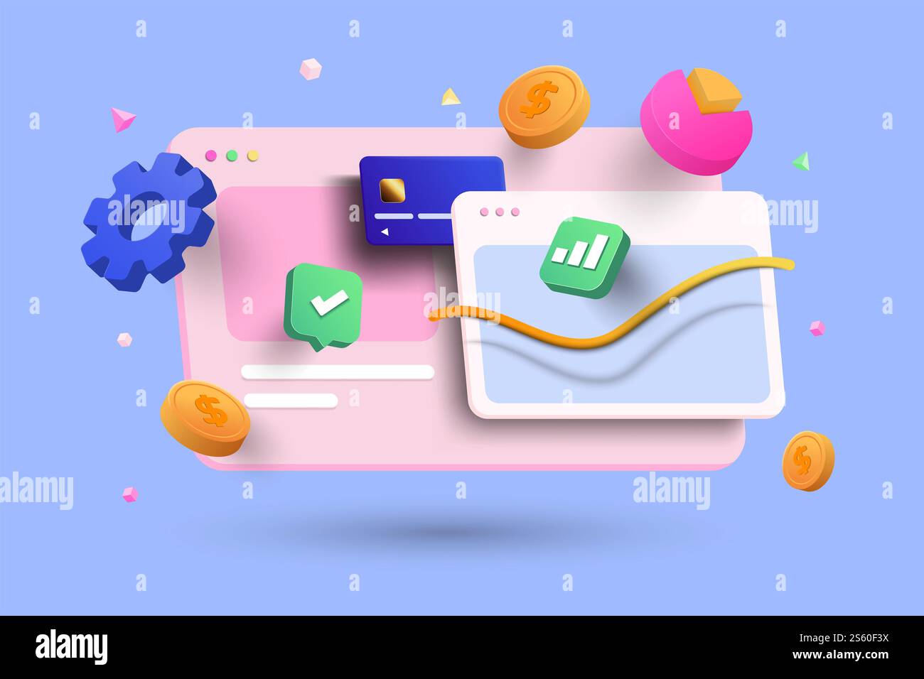Marketing en ligne, graphique de rapport financier, analyse de données, et concept de développement Web. Tablette avec tableau de données. Illustration vectorielle 3D. Banque D'Images