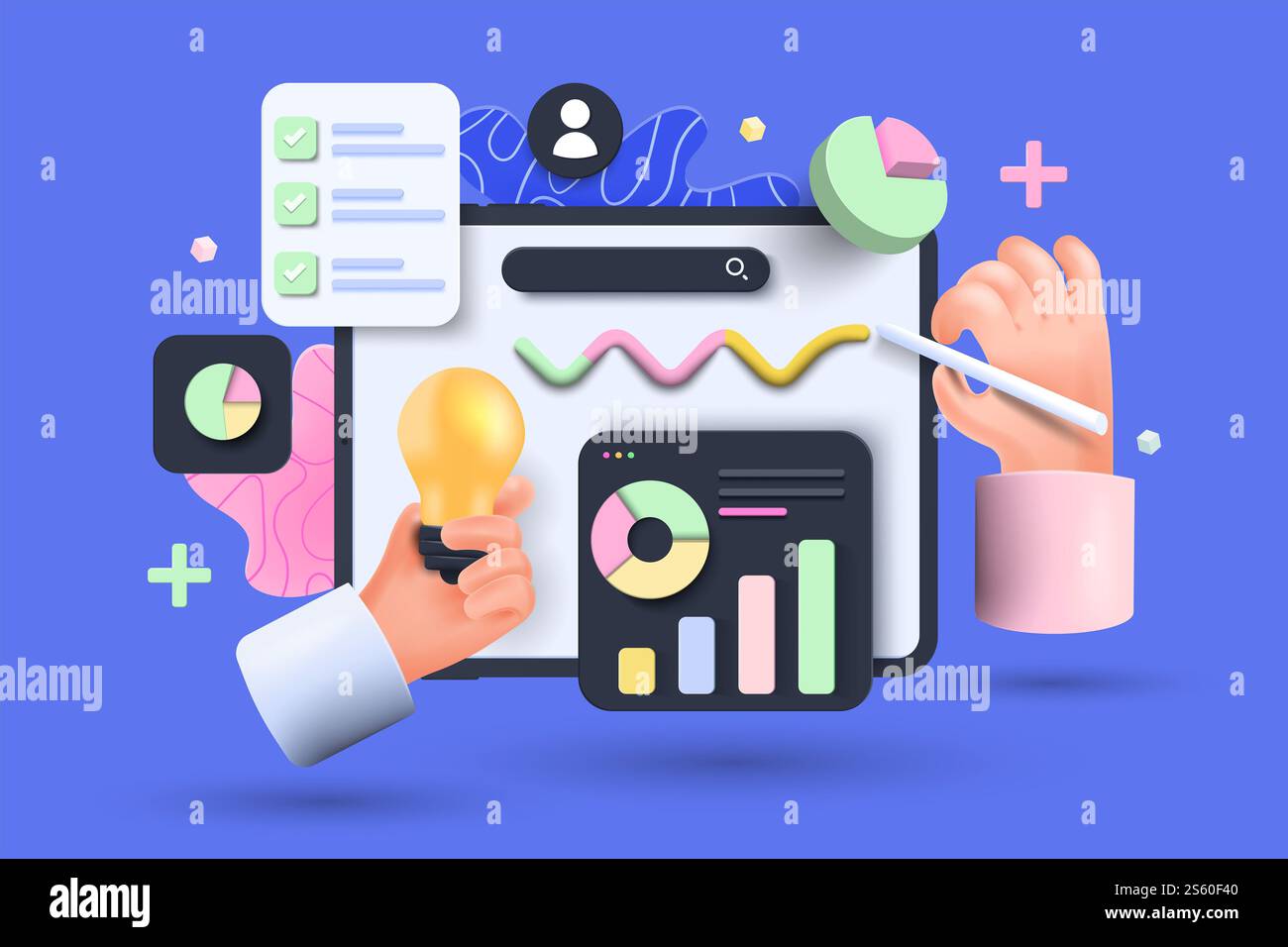 Marketing en ligne, graphique de rapport financier, analyse de données, et concept de développement Web. Tablette avec tableau de données. Illustration vectorielle 3D. Banque D'Images