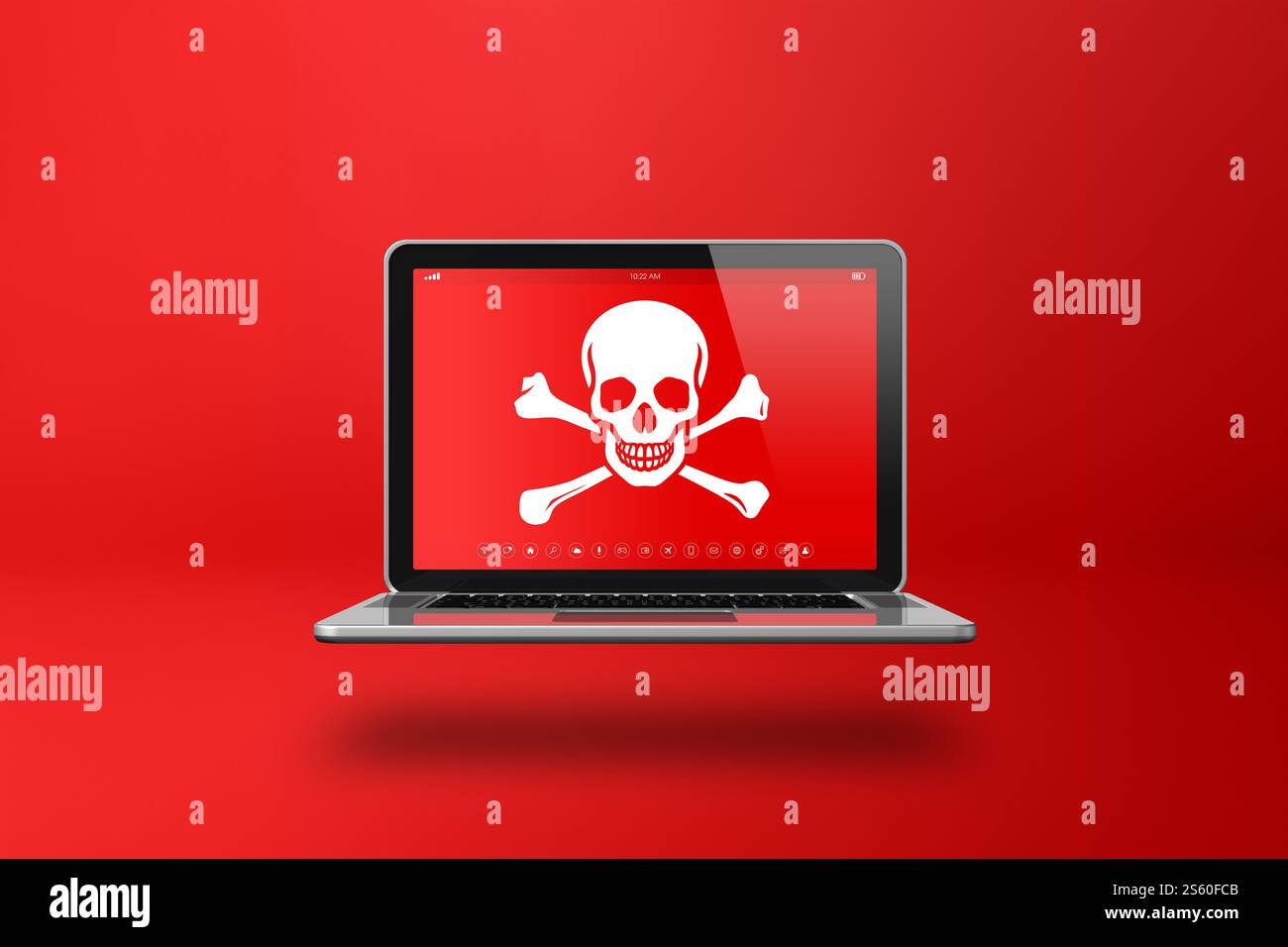 Ordinateur portable avec un symbole pirate à l'écran. Concept de piratage et de virus. Illustration 3D isolée sur fond rouge. Ordinateur portable avec un symbole pirate à l'écran. Banque D'Images
